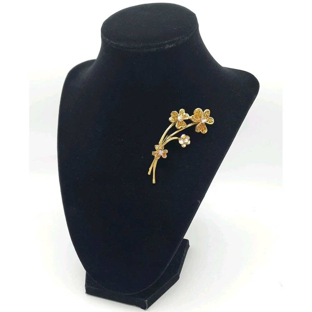 Vtg Floral Bouquet Brooch Pin Amber Aurora Borealis AB Rhinestone Gold Tone MCM